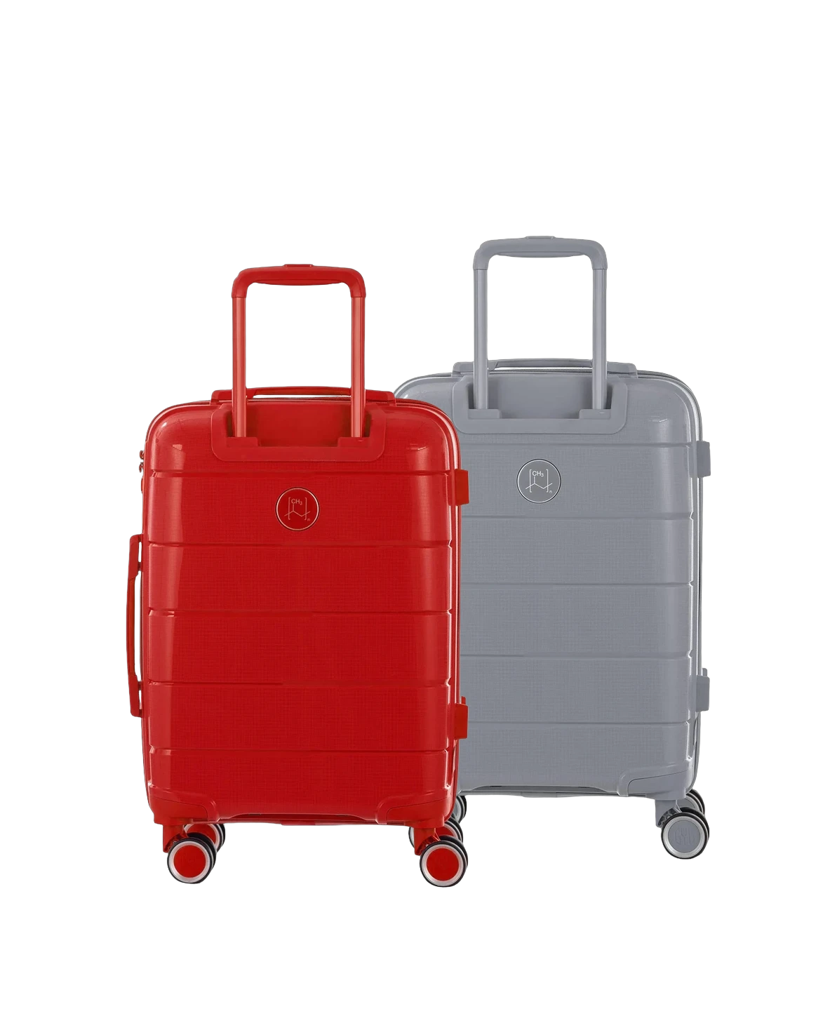 Set de 2 valises Citadine en polypropylène cabine 55 cm coloris rouge et argent vue de dos avec trolley déployé
