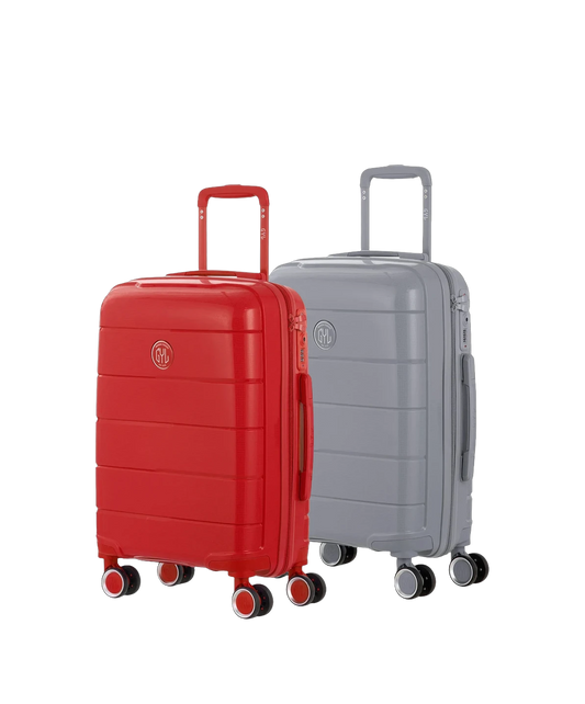 Set de 2 valises Citadine en polypropylène cabine 55 cm coloris rouge et argent vue trois quarts