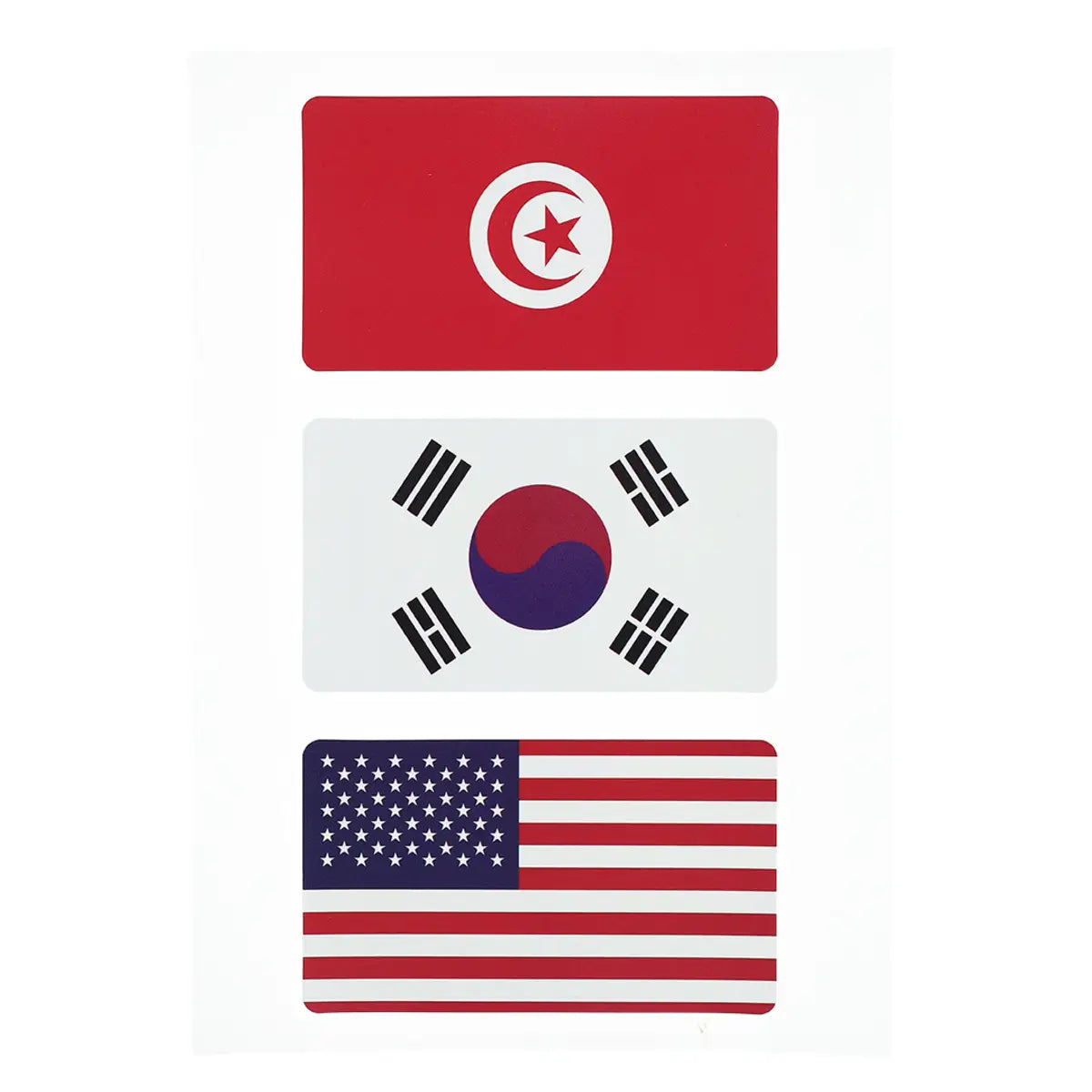Stickers représentant les drapeaux de la Tunisie, de la Corée du Sud et des États-Unis