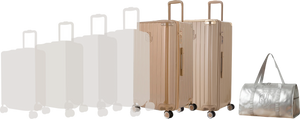 Comparatif de tailles GYL : pack 2 valises Trunk XL Champagne et Champagne avec sac week-end pliant Argent