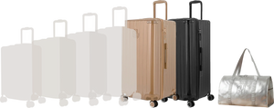 Comparatif de tailles GYL : pack 2 valises Trunk XL Champagne et Noir avec sac week-end pliant Argent