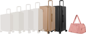 Comparatif de tailles GYL : pack 2 valises Trunk XL Champagne et Noir avec sac week-end pliant Or rose