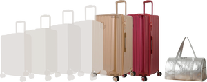 Comparatif de tailles GYL : pack 2 valises Trunk XL Champagne et Rouge Foncé avec sac week-end pliant Argent
