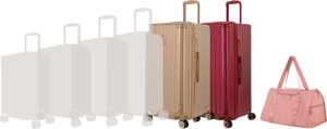 Comparatif de tailles GYL : pack 2 valises Trunk XL Champagne et Rouge Foncé avec sac week-end pliant Or rose