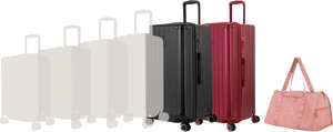 Comparatif de tailles GYL : pack 2 valises Trunk XL Noir et Rouge Foncé avec sac week-end pliant Or rose