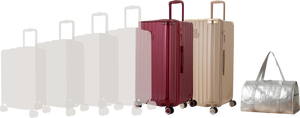 Comparatif de tailles GYL : pack 2 valises Trunk XL Rouge Foncé et Champagne avec sac week-end pliant Argent