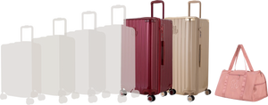 Comparatif de tailles GYL : pack 2 valises Trunk XL Rouge Foncé et Champagne avec sac week-end pliant Or rose