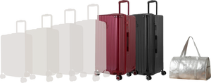 Comparatif de tailles GYL : pack 2 valises Trunk XL Rouge Foncé et Noir avec sac week-end pliant Argent