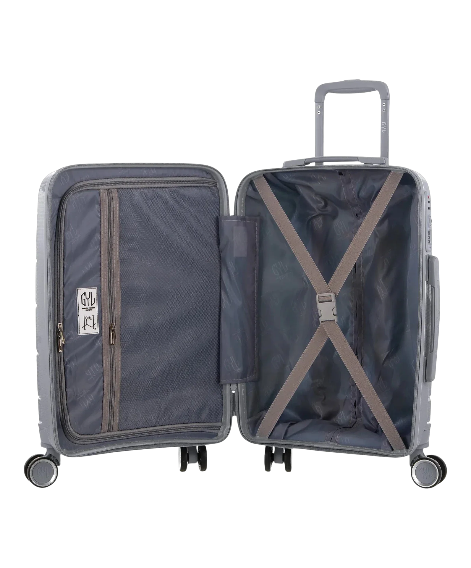 Valise Citadine en polypropylène cabine 55 cm coloris argent intérieur ouvert avec sangles de maintien et compartiment zippé