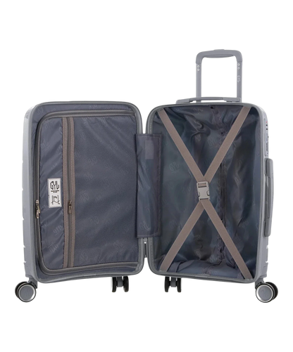 Valise Citadine en polypropylène cabine 55 cm coloris argent intérieur ouvert avec sangles de maintien et compartiment zippé