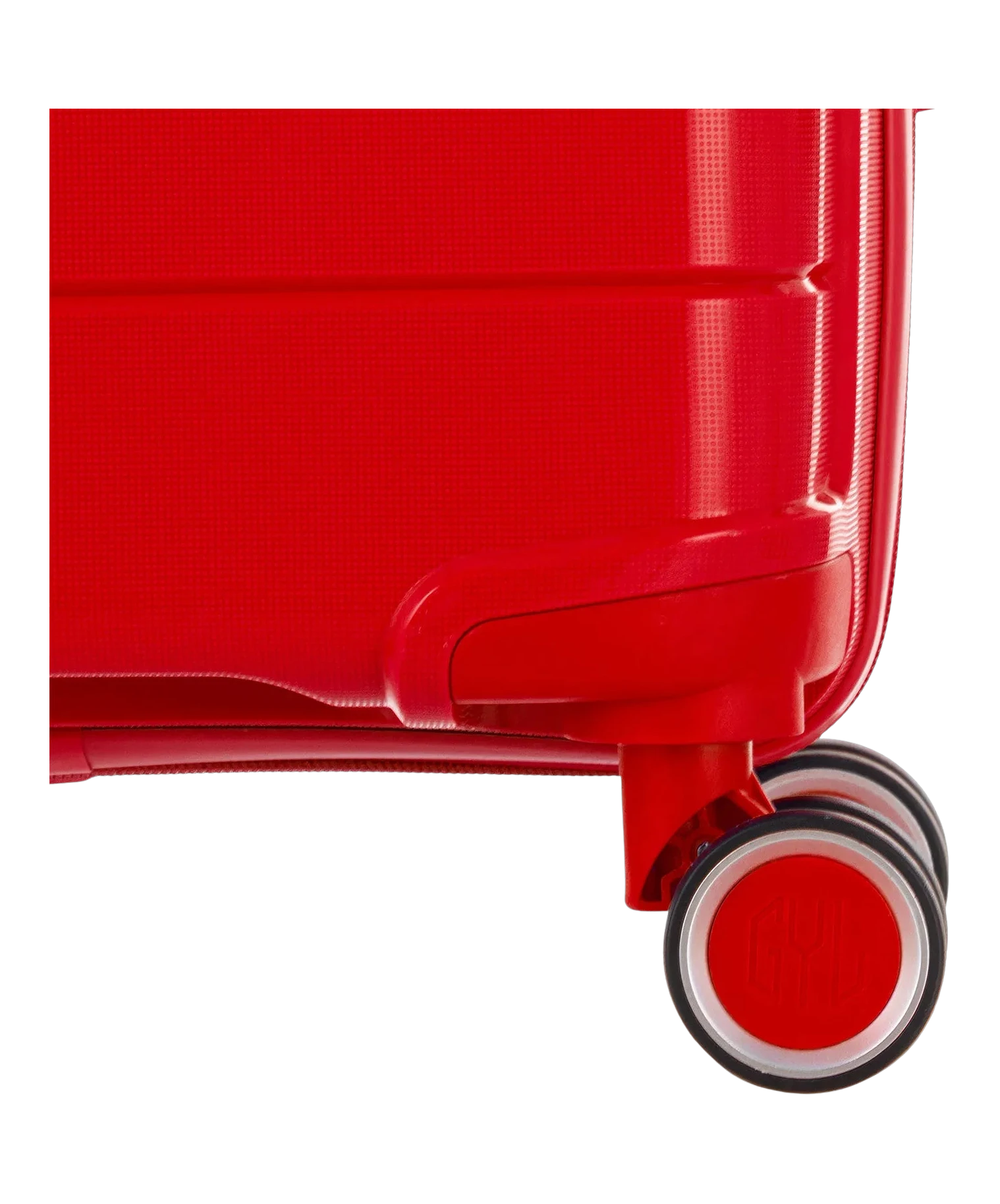 Valise Citadine en polypropylène cabine 55 cm coloris rouge détail des roues doubles 360 degrés détachables