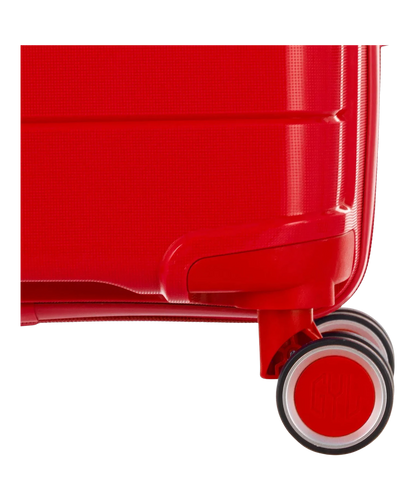 Valise Citadine en polypropylène cabine 55 cm coloris rouge détail des roues doubles 360 degrés détachables