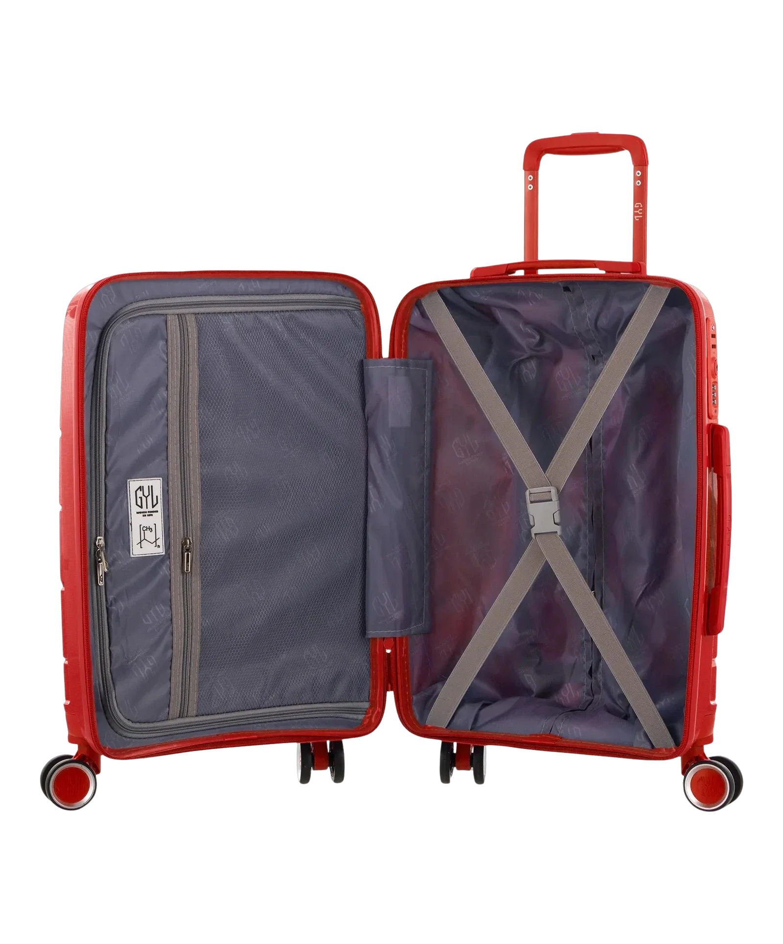 Valise Citadine en polypropylène cabine 55 cm coloris rouge intérieur ouvert avec sangles de maintien et compartiment zippé