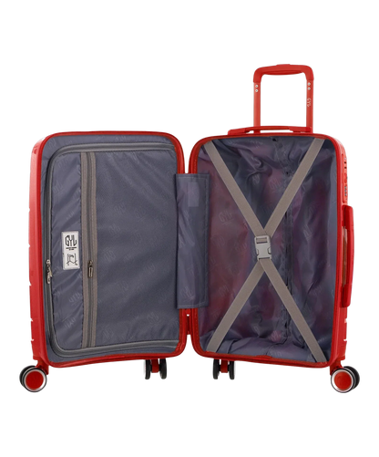 Valise Citadine en polypropylène cabine 55 cm coloris rouge intérieur ouvert avec sangles de maintien et compartiment zippé
