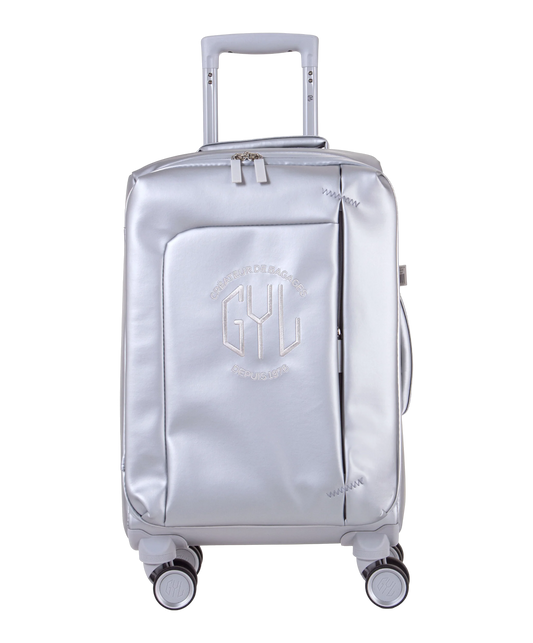 Valise Evasion GYL souple cabine 55 cm coloris argent vue de face avec logo GYL