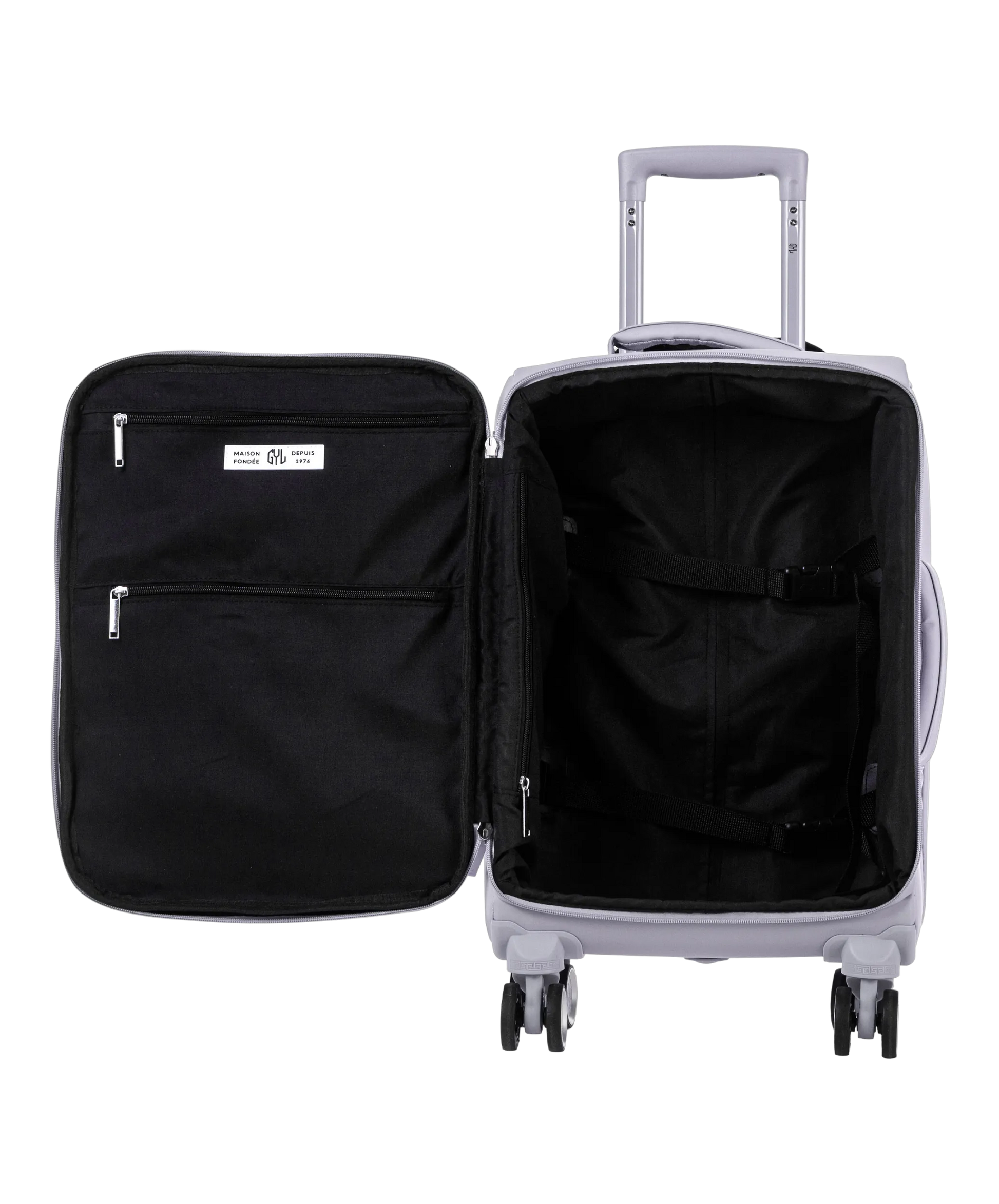 Valise Evasion GYL souple cabine 55 cm coloris argent interieur ouvert avec compartiments