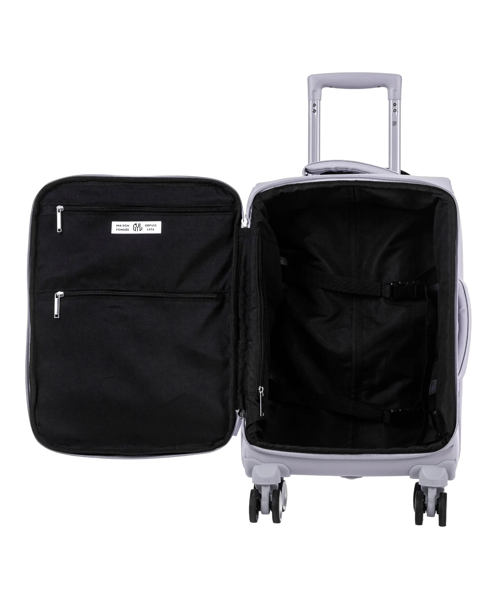 Valise Evasion GYL souple cabine 55 cm coloris argent interieur ouvert avec compartiments