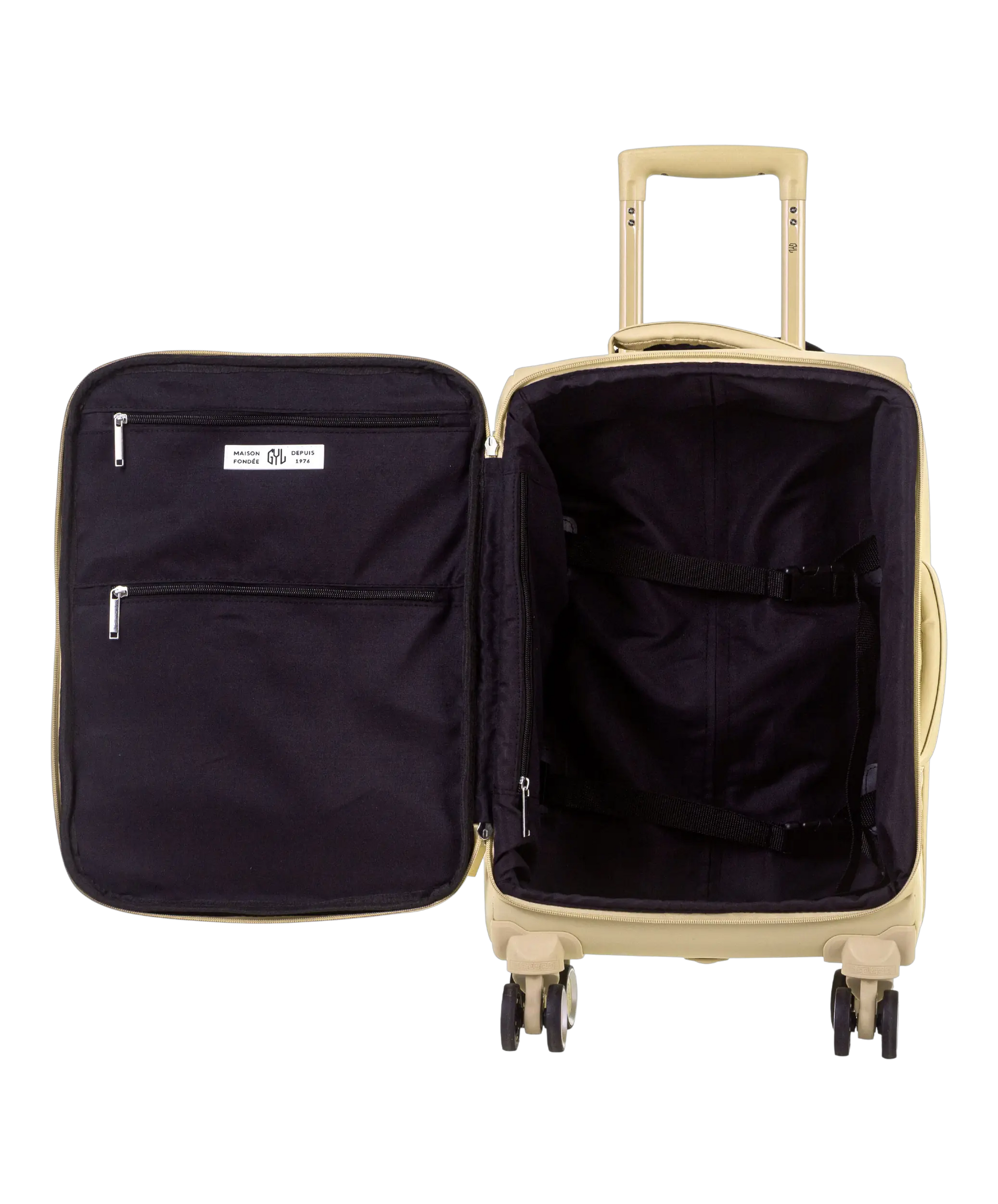 Valise Evasion GYL souple cabine 55 cm coloris champagne interieur ouvert avec compartiments