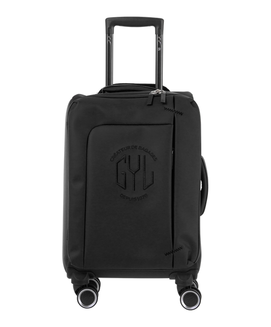 Valise Evasion GYL souple cabine 55 cm coloris noir vue de face avec logo GYL