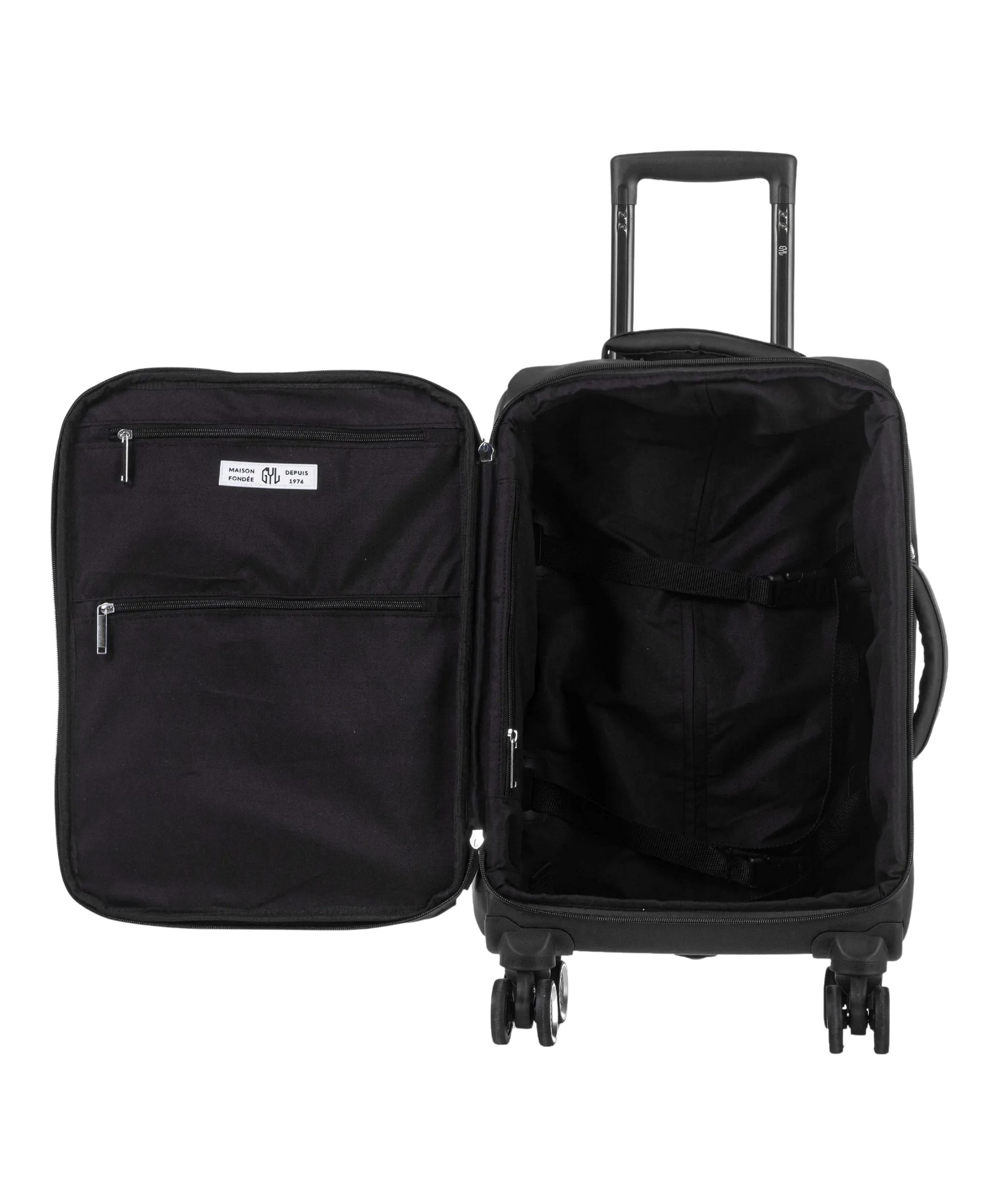 Valise Evasion GYL souple cabine 55 cm coloris noir interieur ouvert avec compartiments