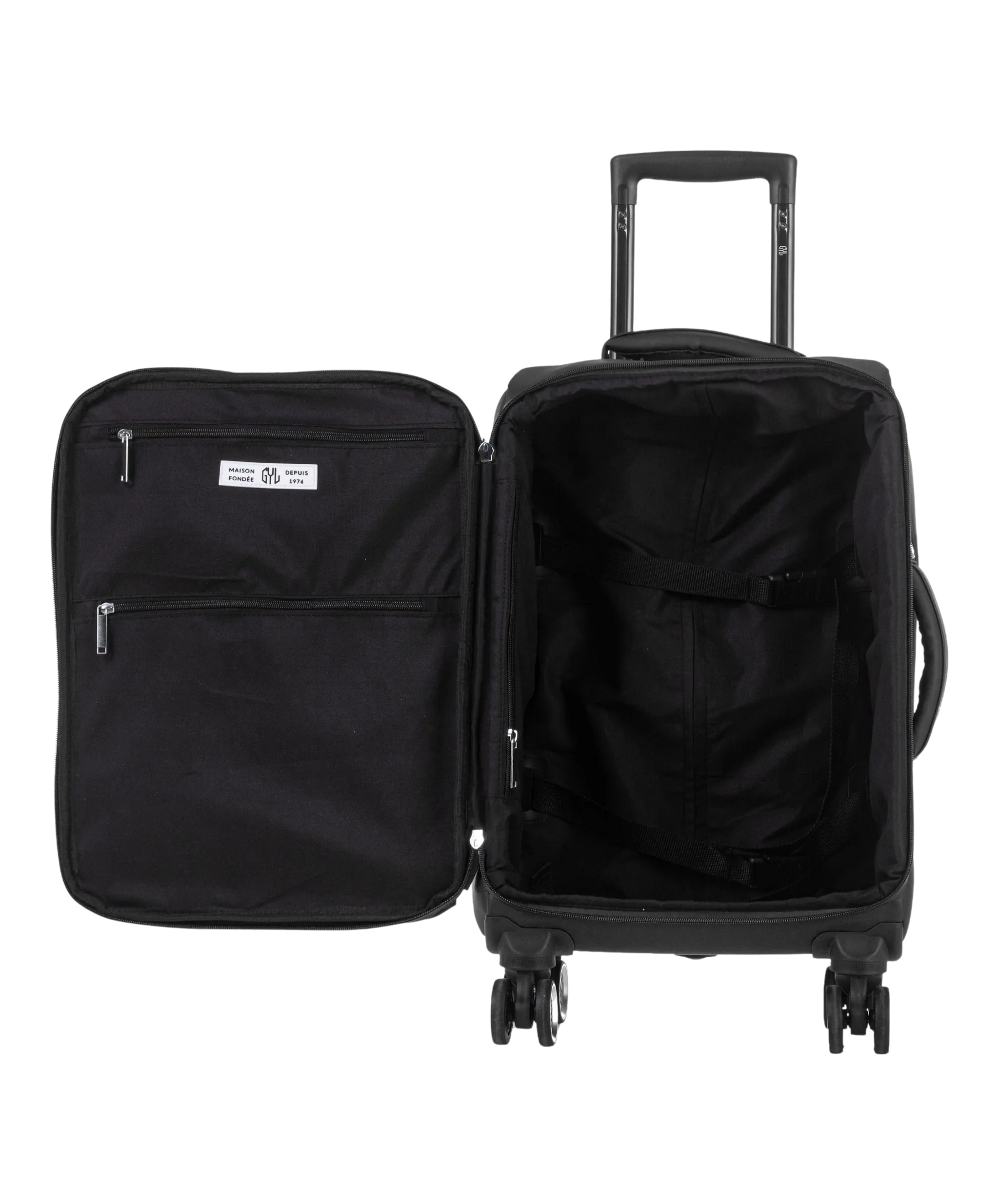 Valise Evasion GYL souple cabine 55 cm coloris noir interieur ouvert avec compartiments