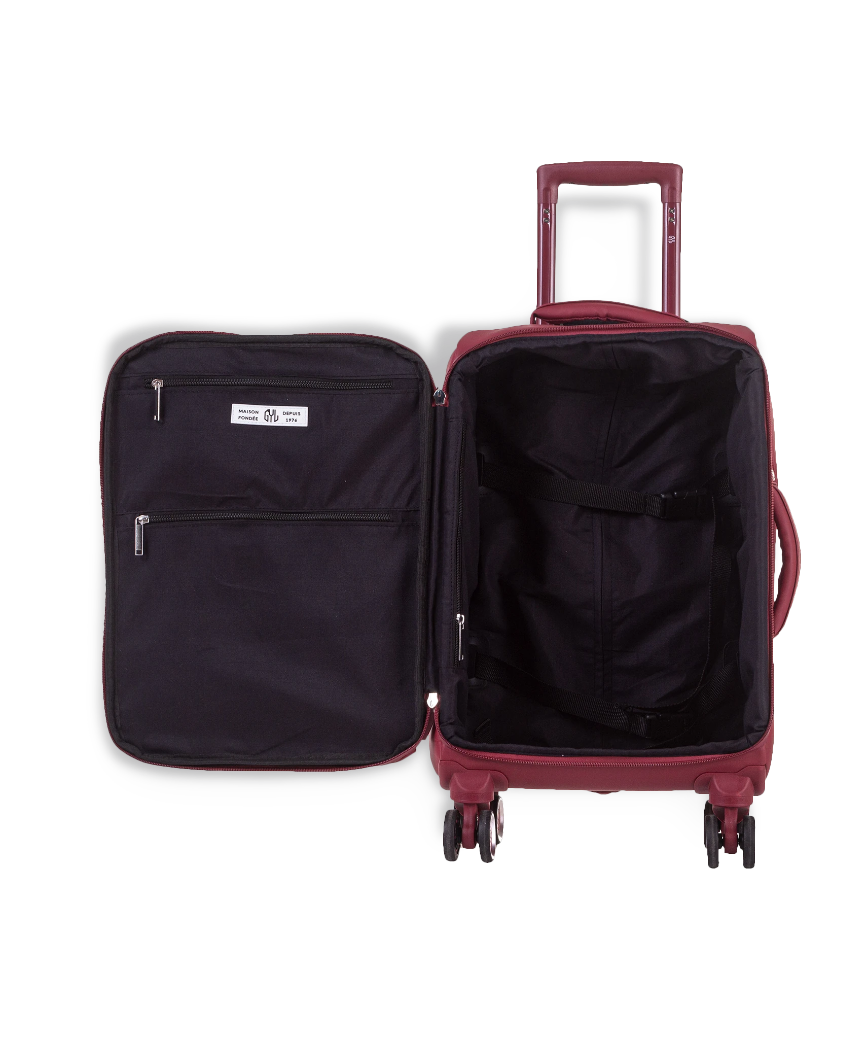 Valise souple Évasion en polyuréthane imperméable cabine 55 cm coloris rouge foncé intérieur ouvert avec compartiments zippés