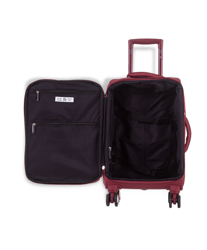 Valise souple Évasion en polyuréthane imperméable cabine 55 cm coloris rouge foncé intérieur ouvert avec compartiments zippés