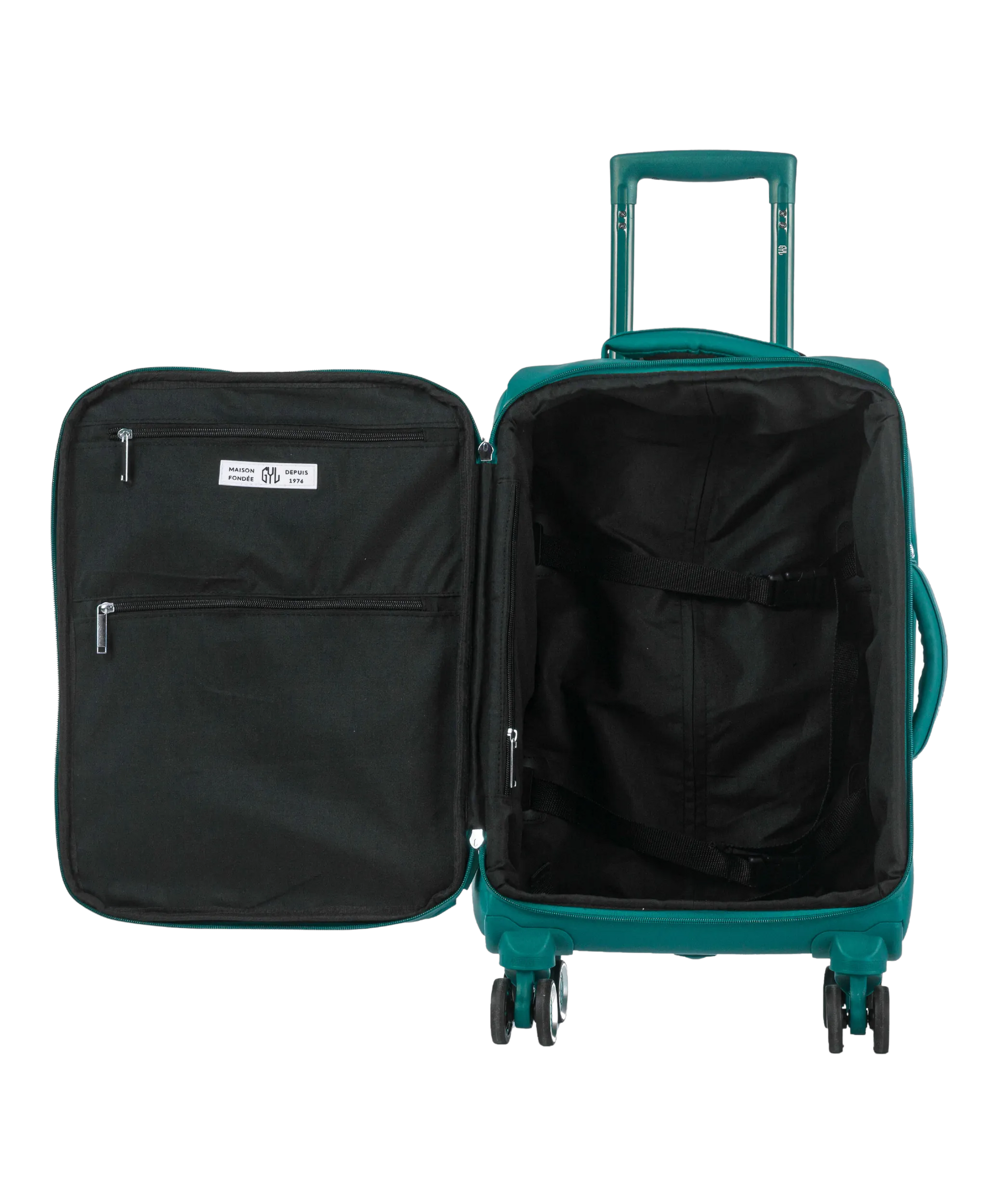 Valise Evasion GYL souple cabine 55 cm coloris sapin interieur ouvert avec compartiments