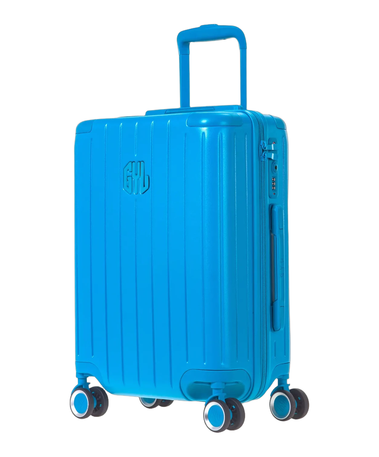 Valise Intemporelle en polycarbonate cabine 55 cm coloris menthe vue trois quarts avec logo GYL