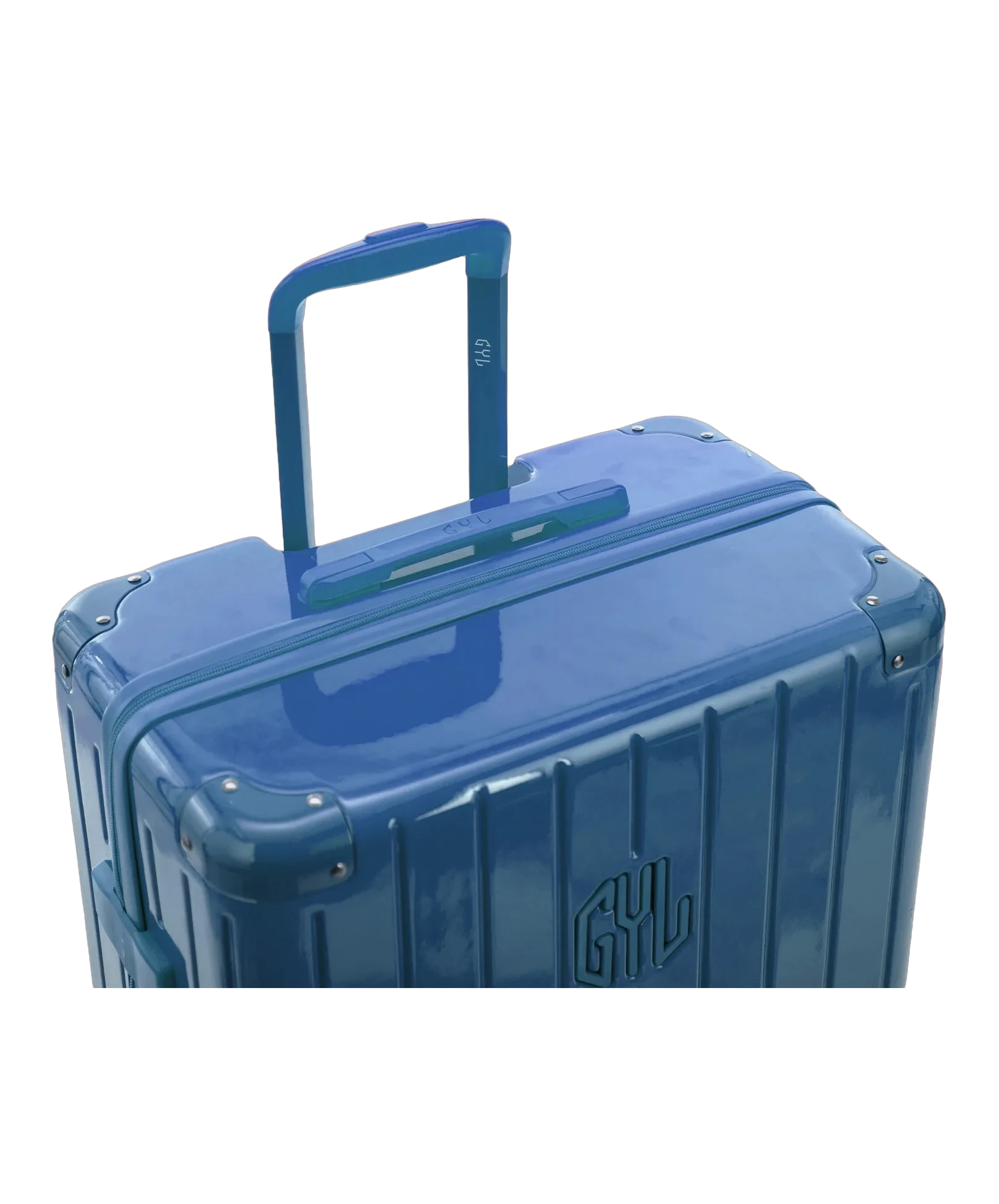 Poignee trolley telescopique GYL deployee sur la valise Intemporelle coloris bleu grise