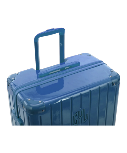 Poignee trolley telescopique GYL deployee sur la valise Intemporelle coloris bleu grise