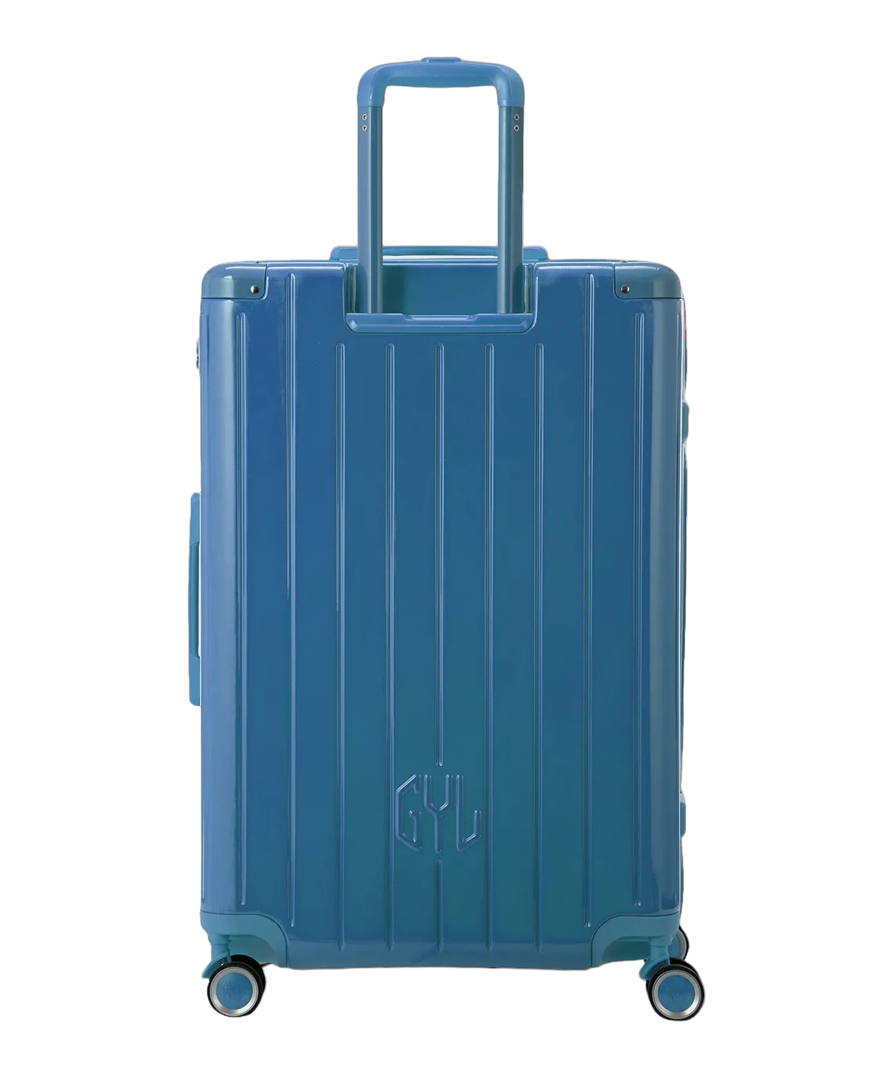 Valise rigide Intemporelle en polycarbonate coloris bleu grise vue de dos avec poignees integrees et roulettes pivotantes GYL