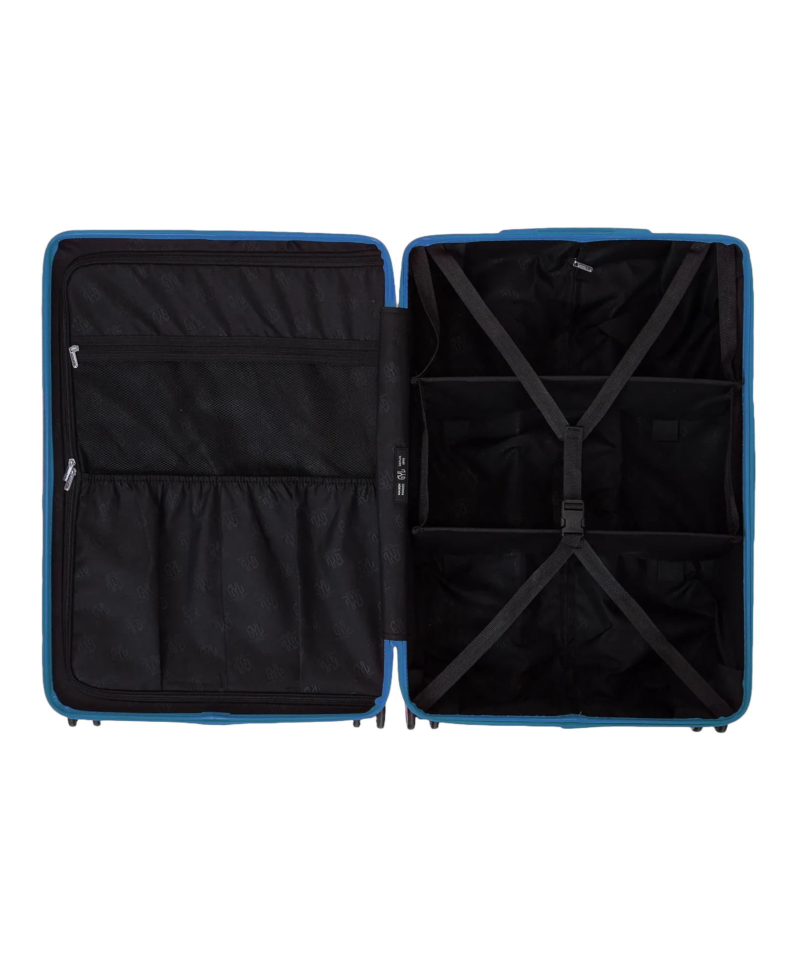 Interieur compartimente de la valise GYL Intemporelle coloris bleu grise avec sangles croisees et poches filet