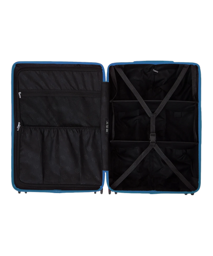 Interieur compartimente de la valise GYL Intemporelle coloris bleu grise avec sangles croisees et poches filet
