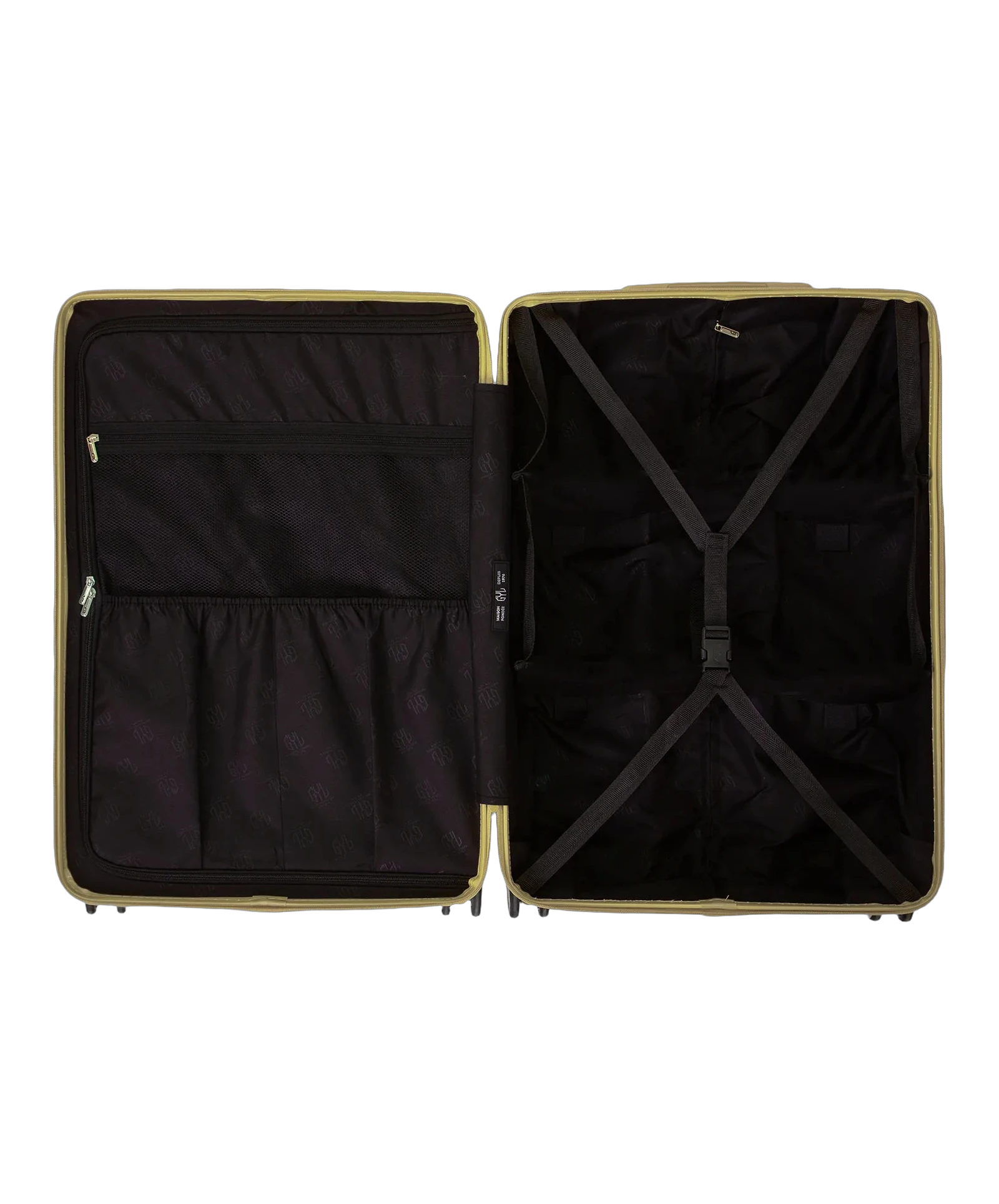 Interieur compartimente de la valise GYL Intemporelle champagne avec sangles croisees et poches filet