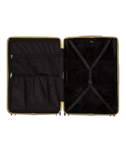 Interieur compartimente de la valise GYL Intemporelle champagne avec sangles croisees et poches filet