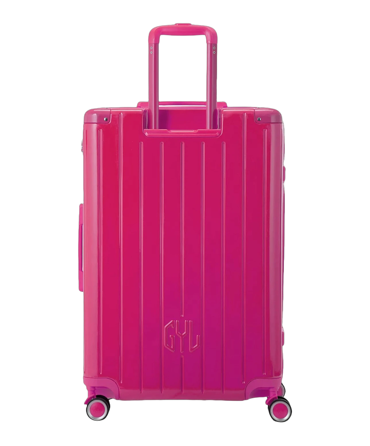 Roue double 360 de la valise GYL Intemporelle fuchsia avec gravure du logo sur le moyeu