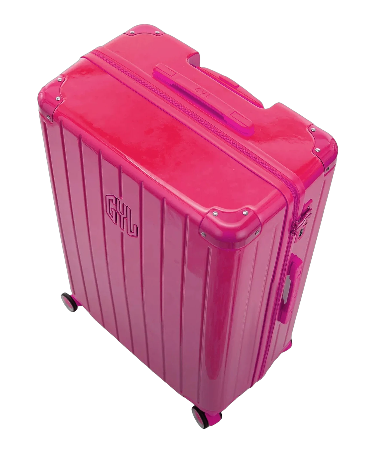Interieur compartimente de la valise GYL Intemporelle fuchsia avec sangles croisees et poches filet