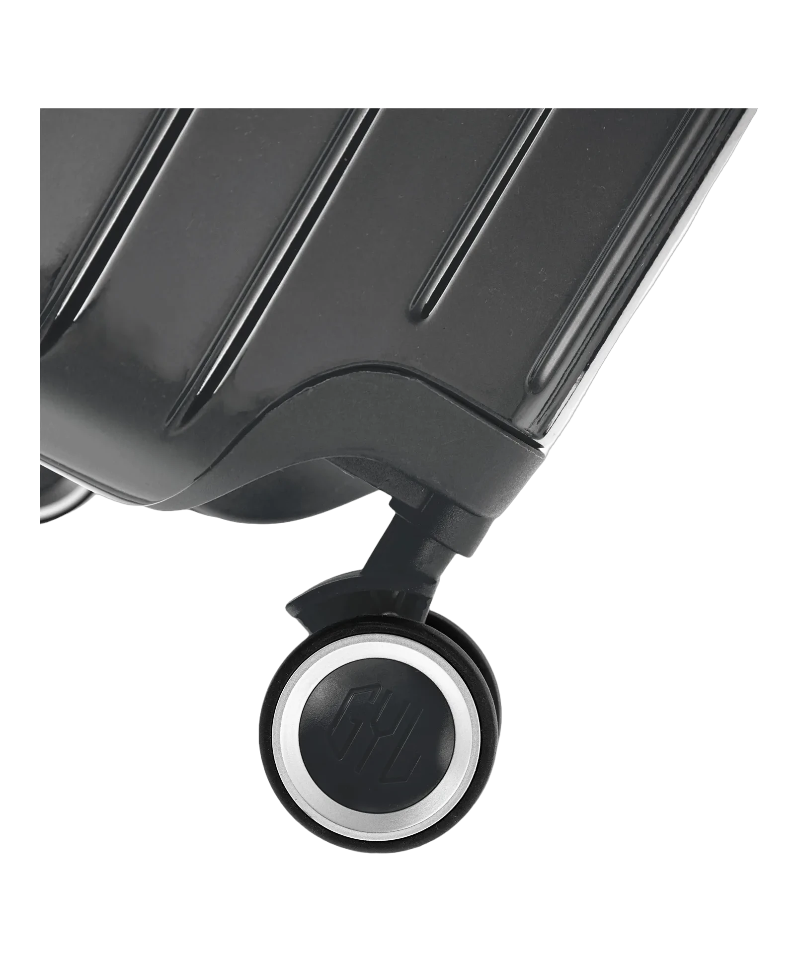 Valise Intemporelle en polycarbonate coloris gris foncé glossy gros plan sur la roulette pivotante silencieuse avec logo GYL, packshot GYL