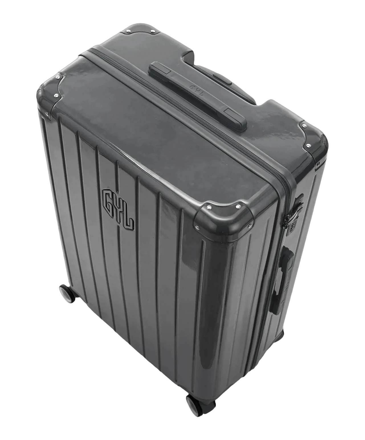 Valise rigide Intemporelle gris fonce vue de dos avec poignees integrees et roulettes pivotantes GYL