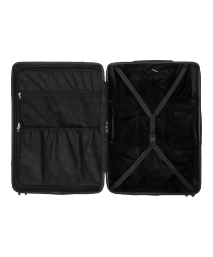 Valise Intemporelle en polycarbonate coloris gris foncé glossy intérieur ouvert avec sangles croisées, doublure logo GYL et poche filet, packshot GYL