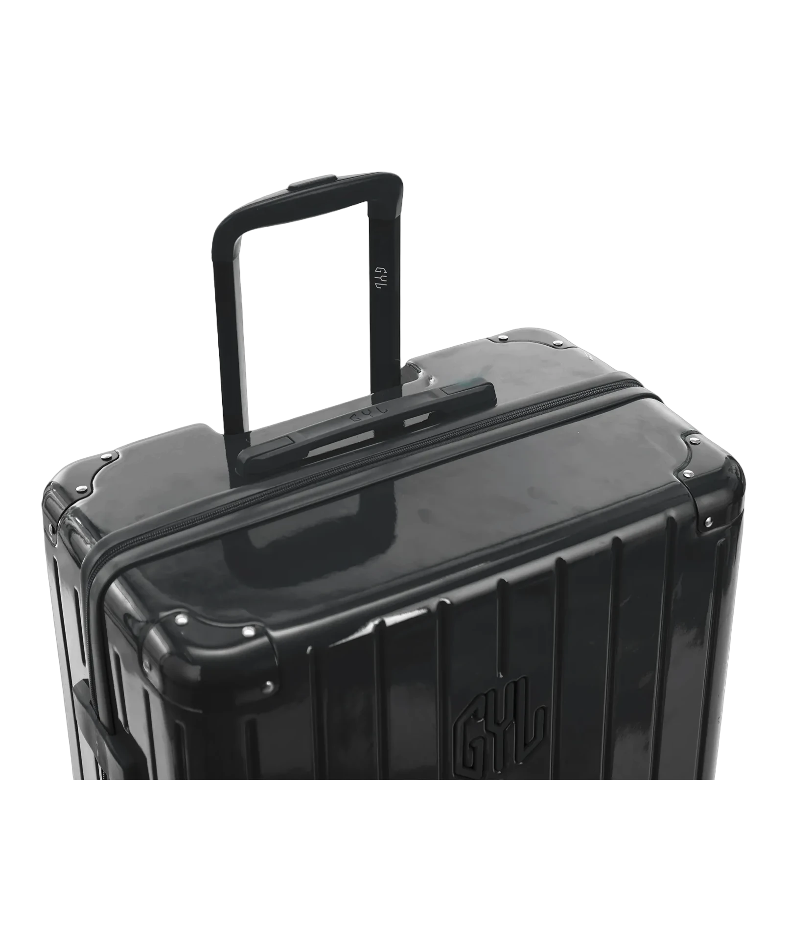 Valise Intemporelle en polycarbonate coloris gris foncé glossy vue de dessus avec trolley télescopique en aluminium et logo GYL, packshot GYL