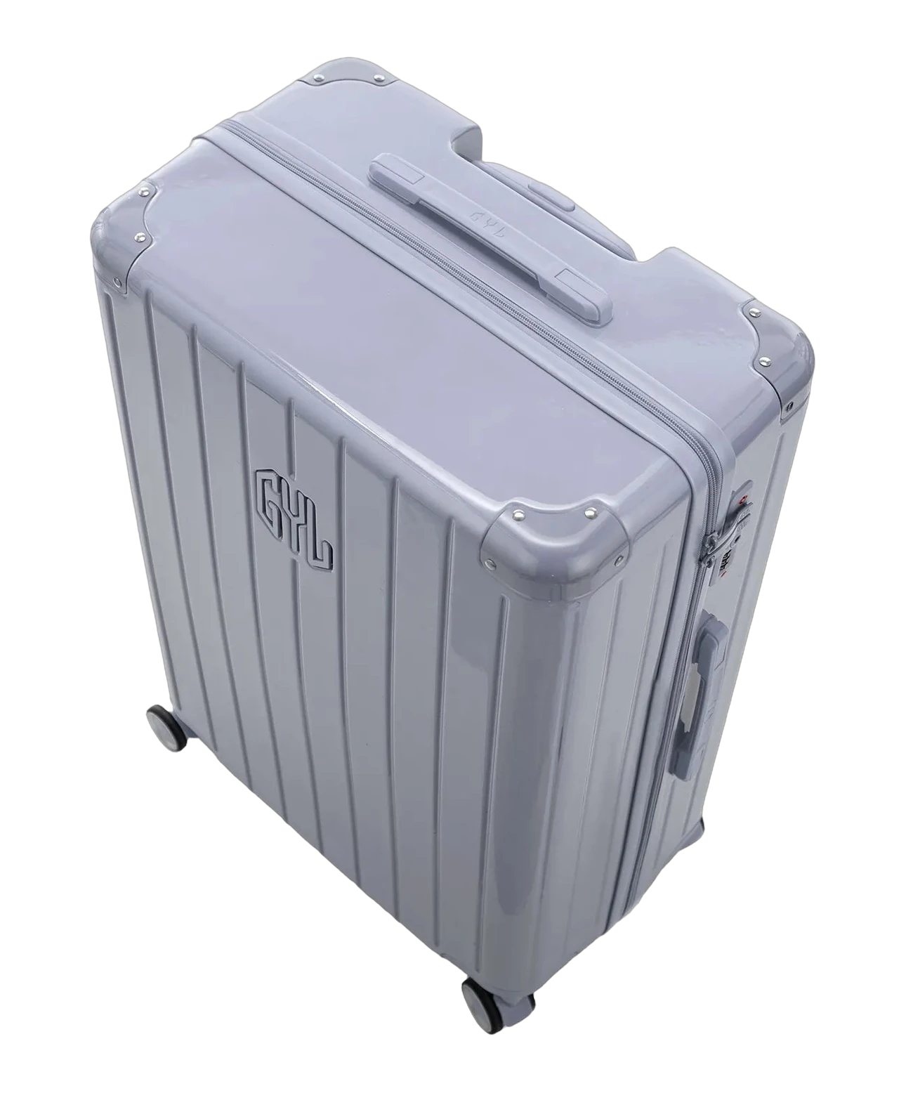 Poignee trolley telescopique GYL deployee sur la valise Intemporelle argent grande taille