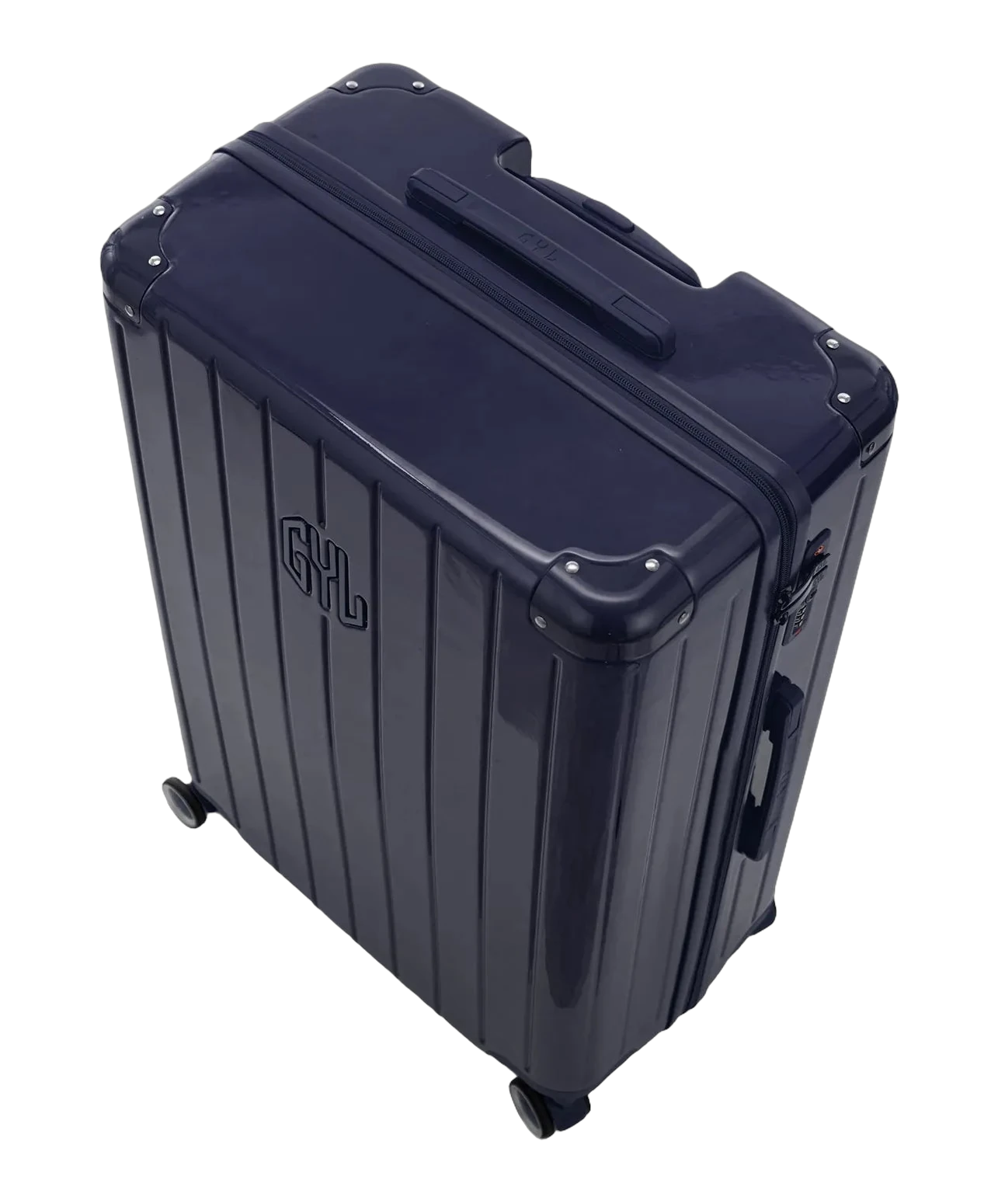 Poignee trolley telescopique GYL deployee sur la valise Intemporelle marine grande taille
