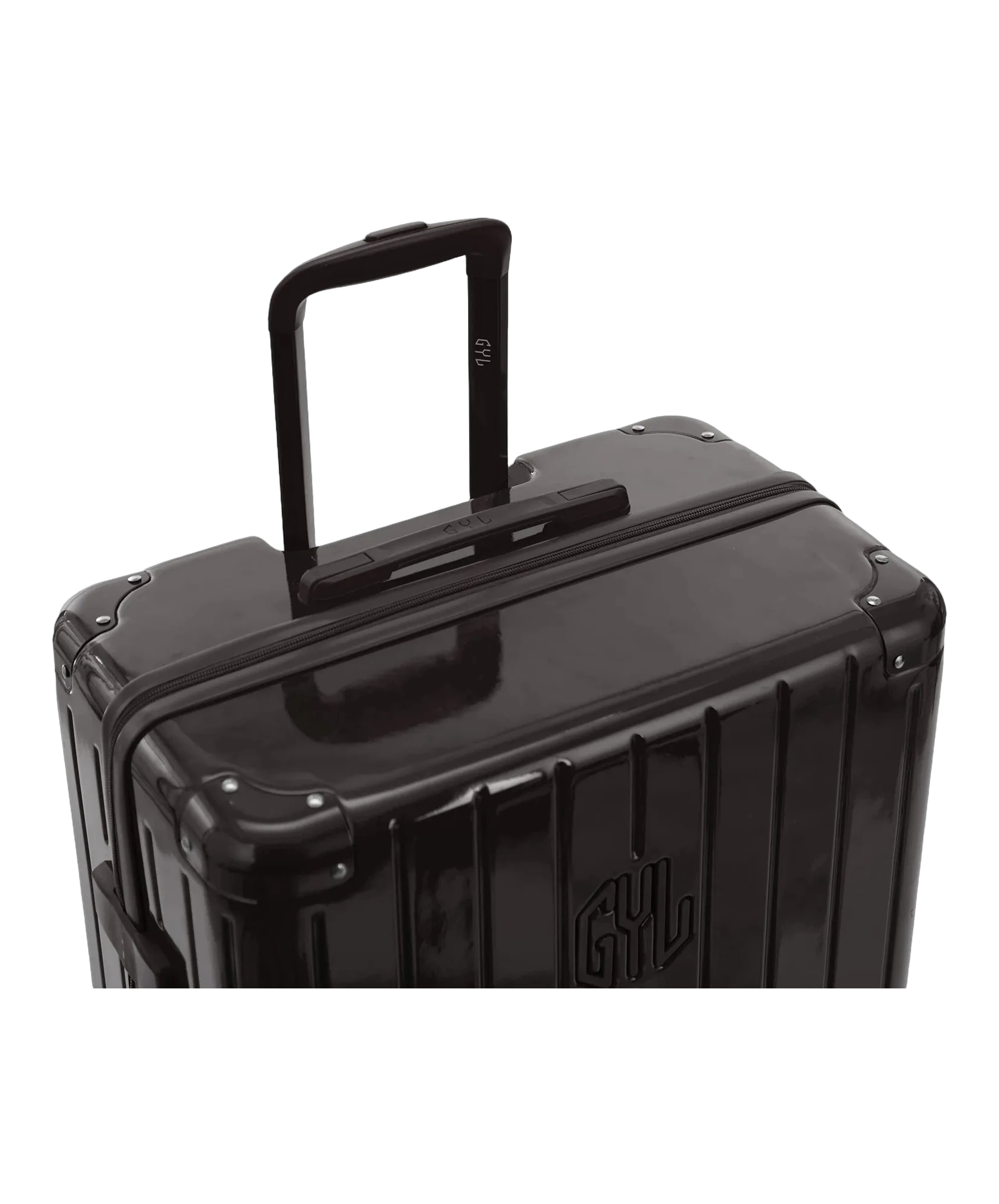 Valise rigide Intemporelle noir vue de dos avec poignees integrees et roulettes pivotantes GYL