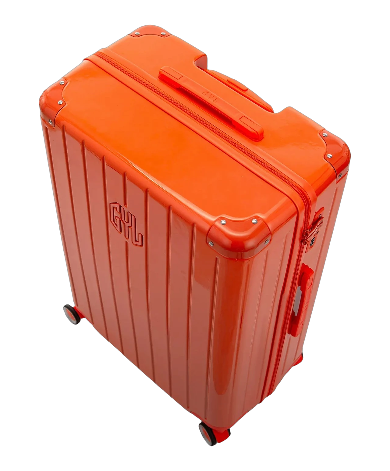 Poignee trolley telescopique GYL deployee sur la valise Intemporelle orange fonce grande taille