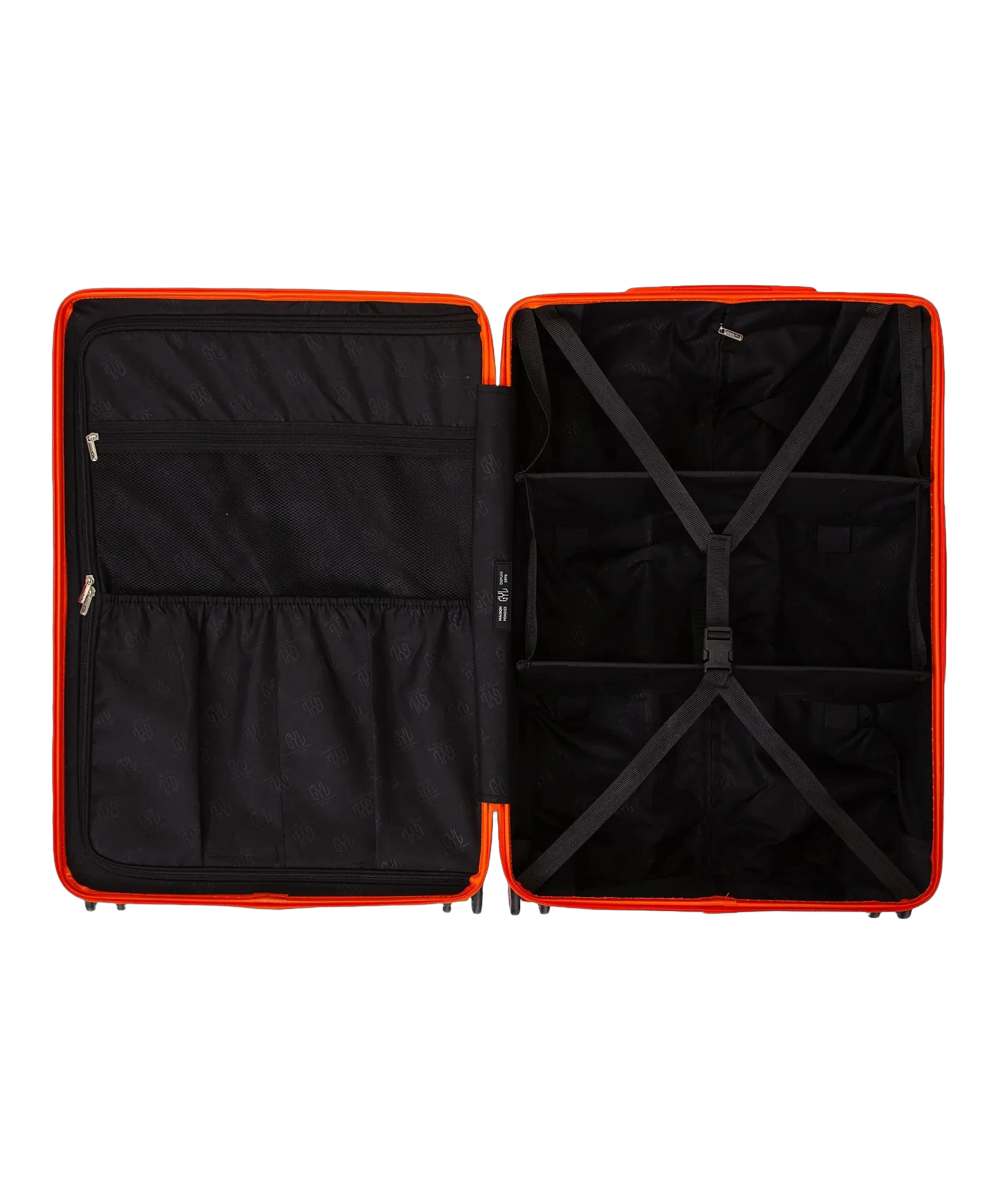 Roue double 360 de la valise GYL Intemporelle orange fonce avec gravure du logo sur le moyeu