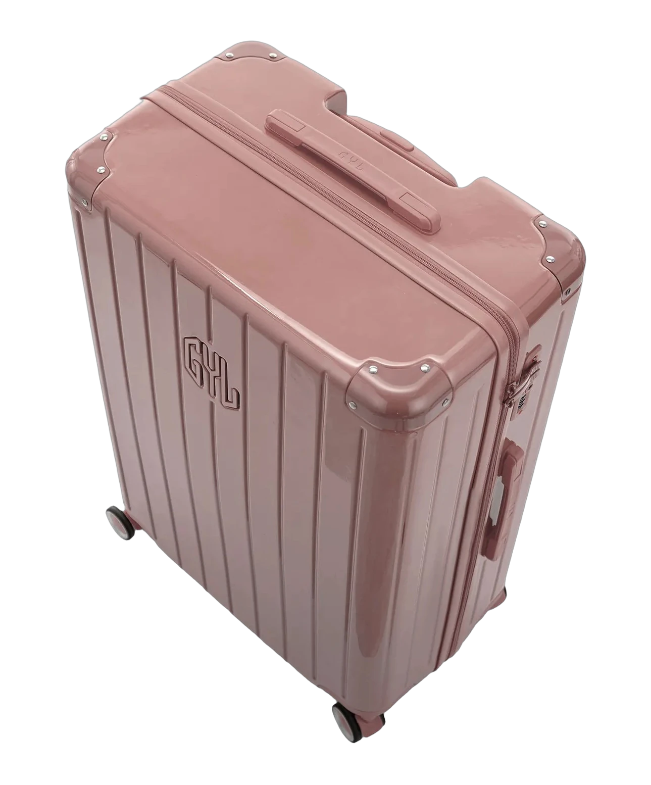 Poignee trolley telescopique GYL deployee sur la valise Intemporelle rose gold grande taille