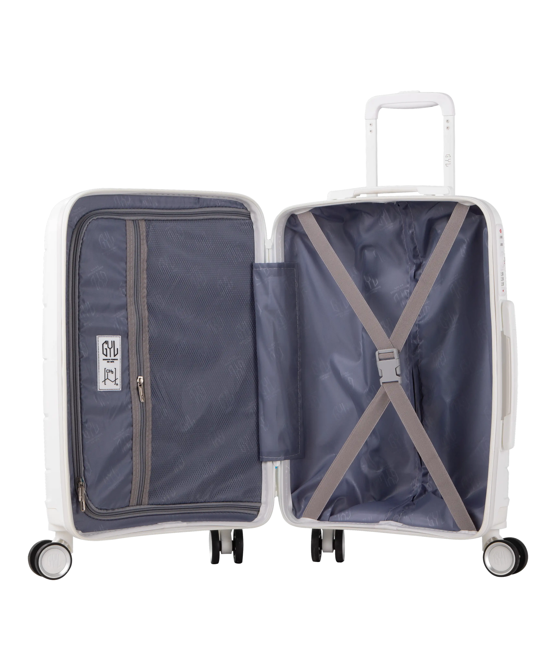 Valise Citadine en polypropylene semaine 65 cm coloris blanc interieur ouvert avec sangles et compartiment zippe