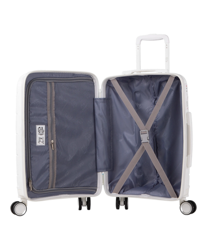 Valise Citadine en polypropylene semaine 65 cm coloris blanc interieur ouvert avec sangles et compartiment zippe